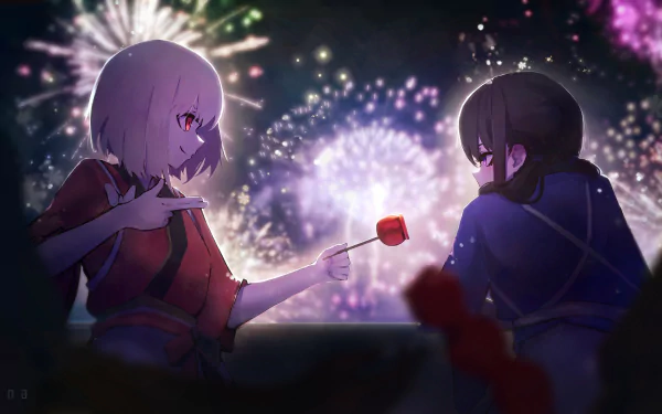 Anime characters Takina Inoue and Chisato Nishikigi from Lycoris Recoil share a moment under a vibrant fireworks display. This HD desktop wallpaper captures a beautifully lit night scene.