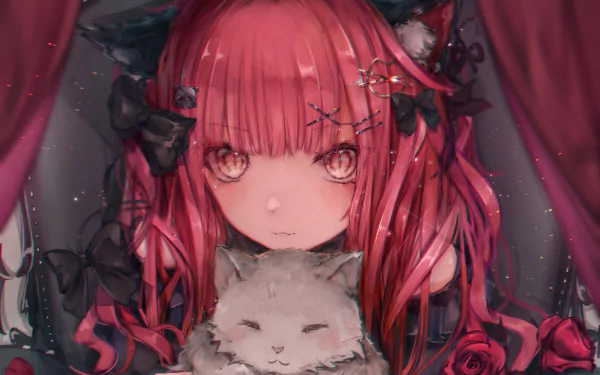 Rin Kaenbyou (Touhou) anime portrait: red-haired nekomata with cat ears cradling a fluffy white cat amid roses and curtains — 2K Quad HD PC desktop wallpaper/background.