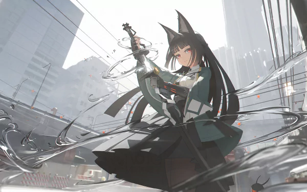 HD PC desktop wallpaper featuring Miyabi from the video game Zenless Zone Zero, showcasing dynamic motion and futuristic urban elements.