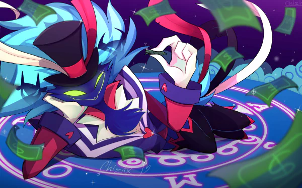 Asmodeus from Helluva Boss lounges confidently over a glowing magical circle, surrounded by floating bills in this vibrant 4K Ultra HD TV show wallpaper.