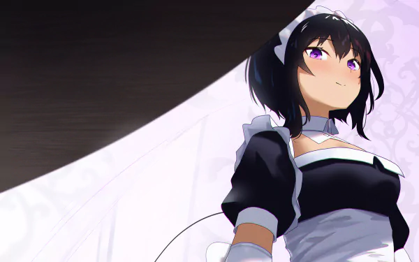 HD PC wallpaper of Lilith (My Recently Hired Maid Is Suspicious): anime maid with purple eyes in a black-and-white uniform gazing upward against a pale, patterned background.