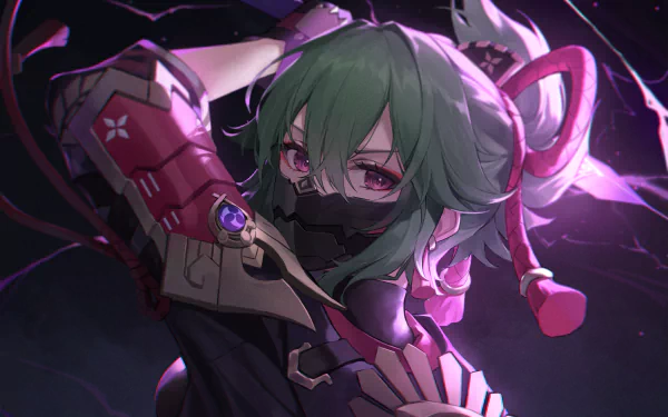 HD desktop wallpaper of Kuki Shinobu from the video game Genshin Impact, featuring dynamic lighting and detailed character art in a dark, intense setting.