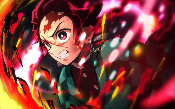 Kyojuro Rengoku from Demon Slayer: Kimetsu no Yaiba in a fiery, dynamic 4K Ultra HD anime wallpaper background for PC desktop.