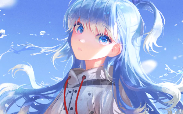 HD PC desktop wallpaper featuring Kobo Kanaeru, a Virtual YouTuber from hololive, depicted in vibrant anime style against a bright blue sky background with floating water droplets.