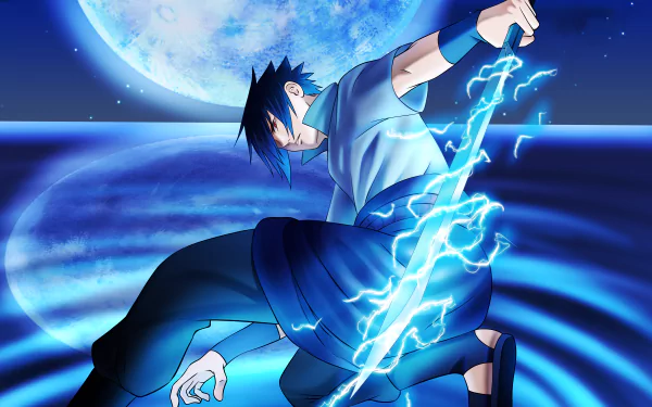 Sasuke Uchiha from Naruto unleashing lightning under a glowing full moon in this vibrant 4K Ultra HD anime desktop wallpaper.