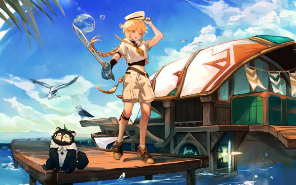 Aether from Genshin Impact stands on a dock under a bright blue sky with seagulls, near a boat and a small black cat wearing a sailor hat, in this HD PC desktop wallpaper.