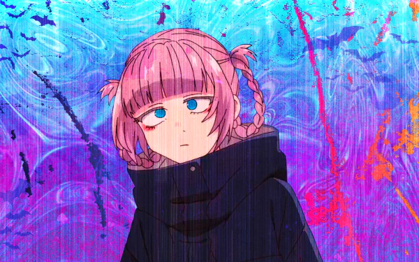 A vibrant HD wallpaper featuring Nazuna Nanakusa from the anime Call of the Night, showcasing her with pink hair against a colorful, abstract background.