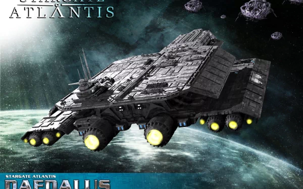 HD PC desktop wallpaper featuring a spaceship from the TV show Stargate Atlantis set against a cosmic backdrop above a planet.