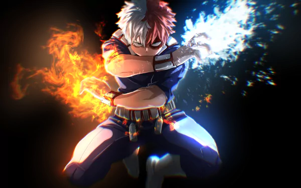 Shoto Todoroki from My Hero Academia unleashes his fire and ice powers in a dynamic 4K Ultra HD anime desktop wallpaper.