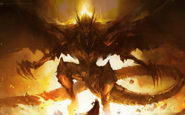 HD anime desktop wallpaper featuring The Winged Dragon of Ra from Yu-Gi-Oh!, depicted in fiery, golden hues with dramatic lighting and powerful presence.