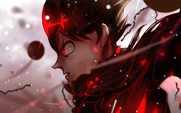 HD PC desktop wallpaper featuring Asta from the anime Black Clover, depicted with intense red and black tones in a dynamic, close-up profile view.