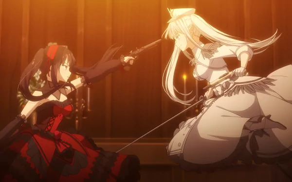 8K Ultra HD anime desktop wallpaper featuring White Queen and Kurumi Tokisaki from Date A Live and Date A Bullet in a dramatic sword duel.