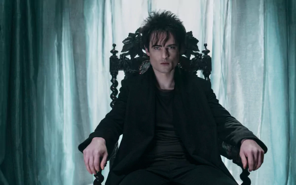 HD PC desktop wallpaper/background from TV show The Sandman: a brooding dark-clad figure seated on an ornate throne, framed by pale, translucent curtains.