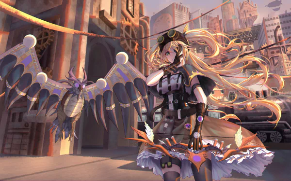 4K Ultra HD PC desktop wallpaper of Fischl (Genshin Impact) with Oz (Genshin Impact) hovering beside her amid a sunlit cityscape — video game Genshin Impact character artwork.