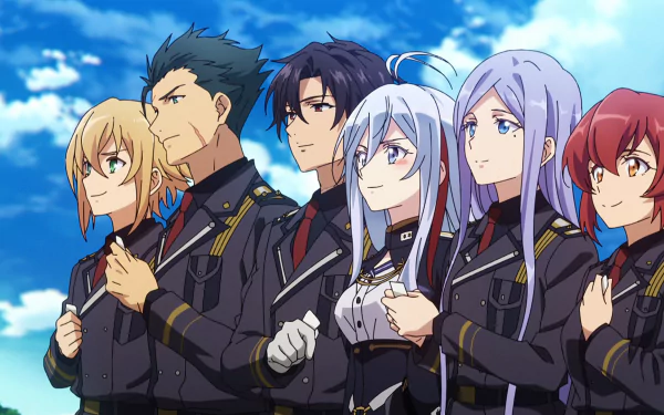 A vibrant HD wallpaper featuring Raiden Shuga, Anju Emma, Kurena Kukumila, Shinei Nouzen, and Vladilena Milizé from the anime Eighty Six, standing together against a bright sky.