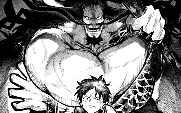 2K Quad HD desktop wallpaper of One Piece: Monkey D. Luffy faces off against towering, grinning Kaido in a dramatic black-and-white anime Luffy vs Kaido scene.