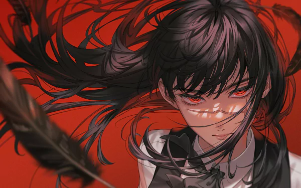 HD anime wallpaper featuring Asa Mitaka from Chainsaw Man with intense red eyes and flowing black hair against a vivid red background, embodying the War Devil theme.