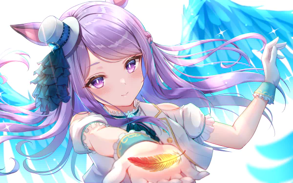 HD PC wallpaper of Mejiro McQueen (Uma Musume: Pretty Derby): lavender-haired anime girl in frilled costume reaching out, offering a glowing feather with blue wing-like energy behind her