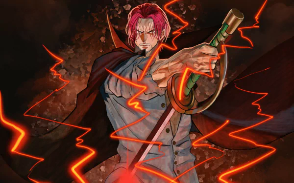 HD desktop wallpaper of Shanks from One Piece, featuring an intense anime scene with Shanks wielding a sword, surrounded by dramatic lightning effects.
