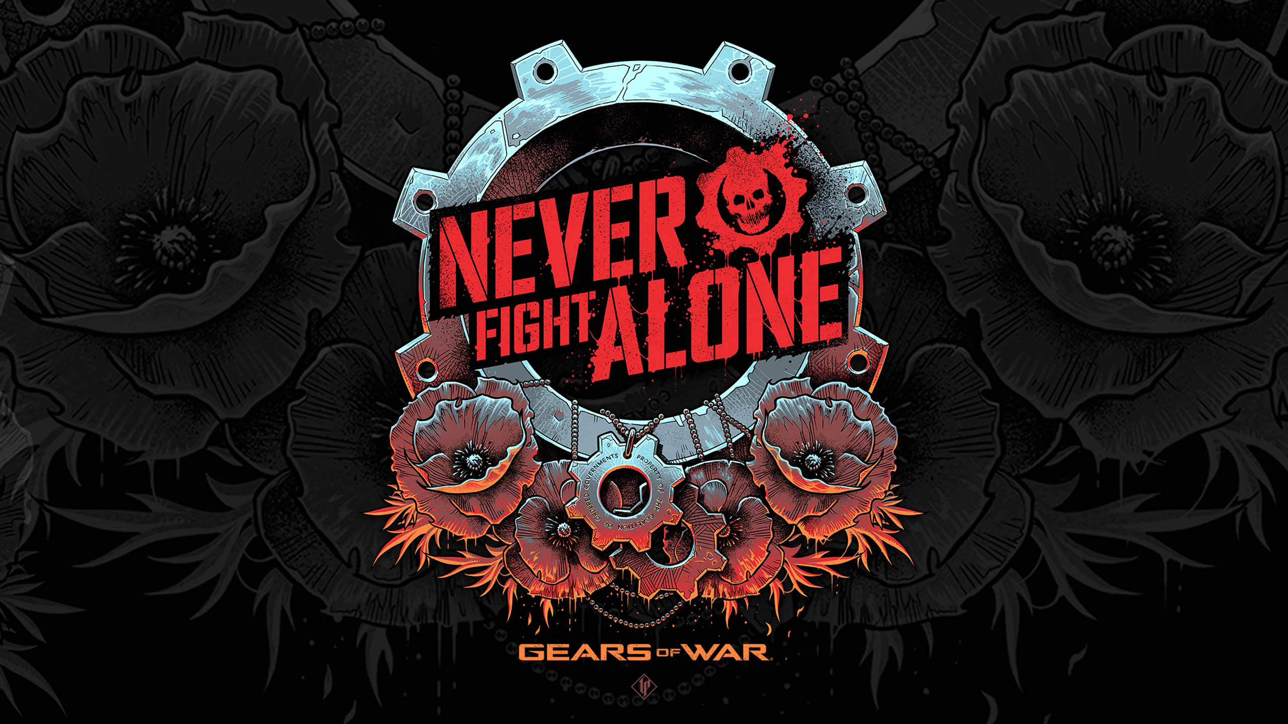 HD Gears Of War desktop wallpaper featuring the slogan 'Never Fight Alone' with a cog and skull emblem on a dark floral background.