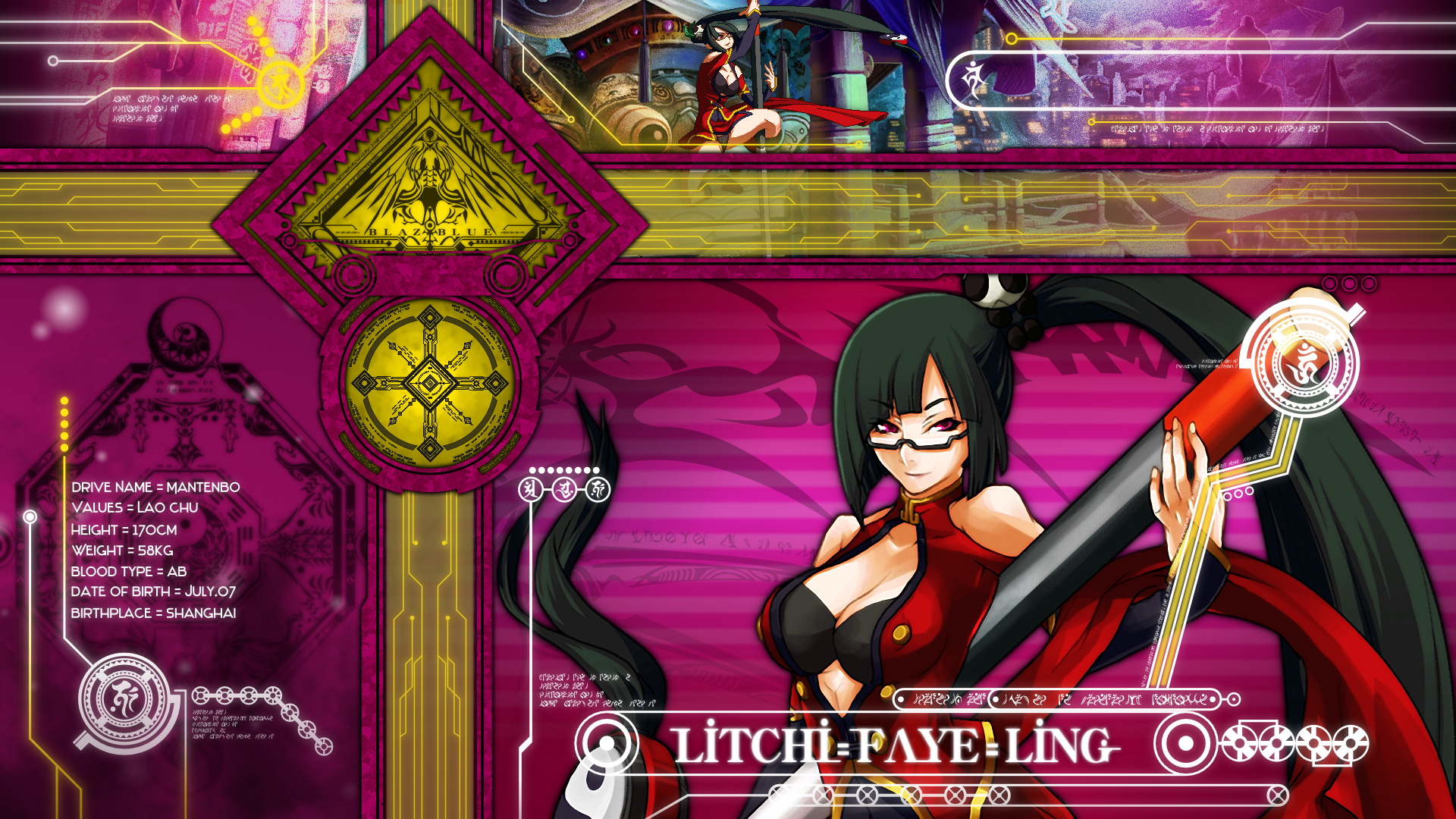 BlazBlue: Continuum Shift character Litchi Faye Ling in a vibrant video game desktop wallpaper.