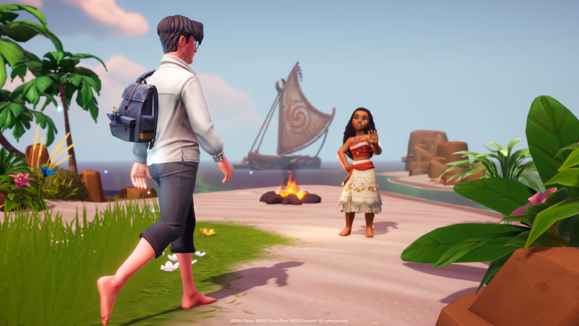 HD Disney Dreamlight Valley desktop wallpaper featuring the character Moana Waialiki on a tropical beach setting with a character approaching and a boat in the background.