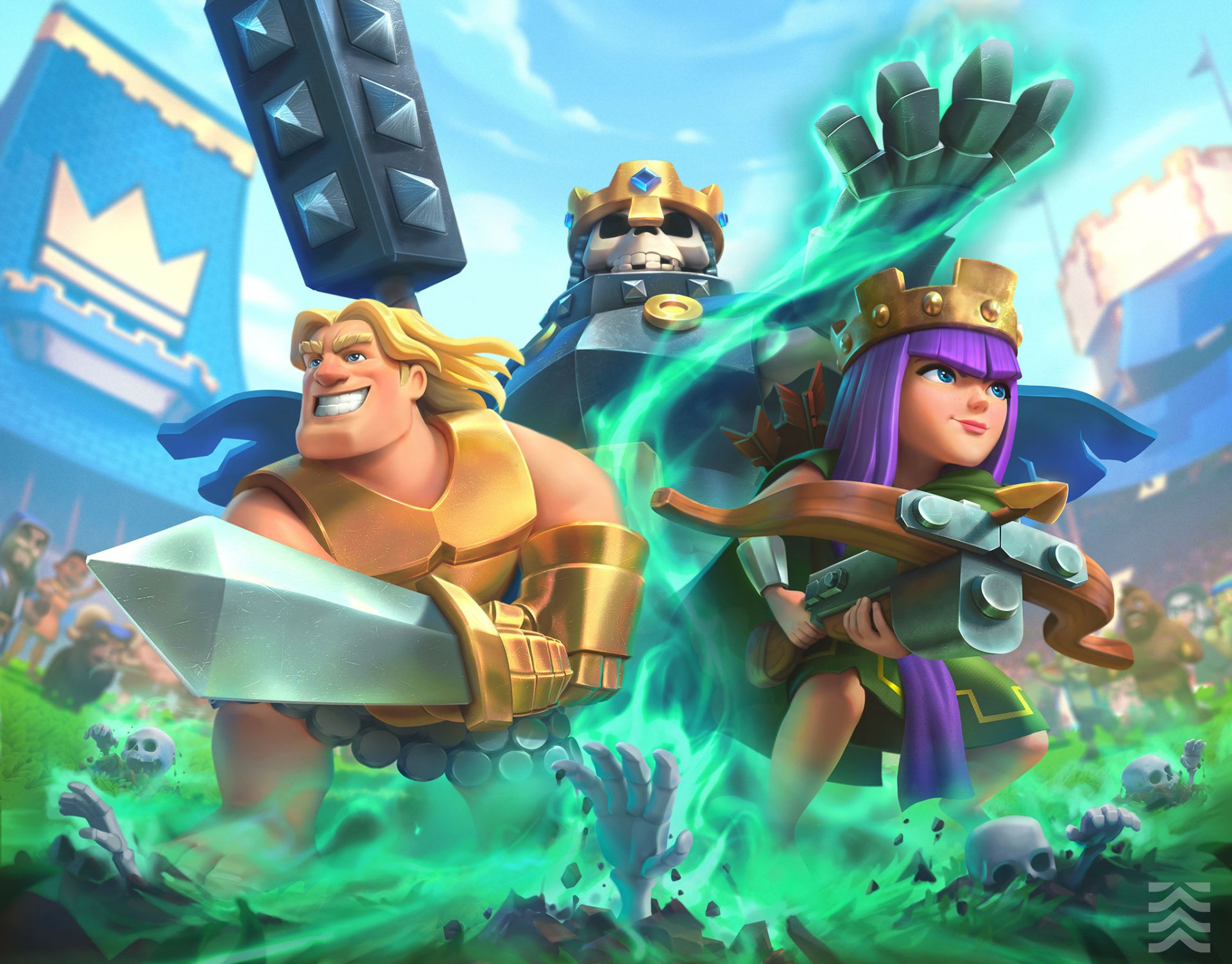 HD PC desktop wallpaper of the video game Clash Royale: armored king, broad-sword hero and crown-bearing archer charging through a glowing green arena with banners and crowd.