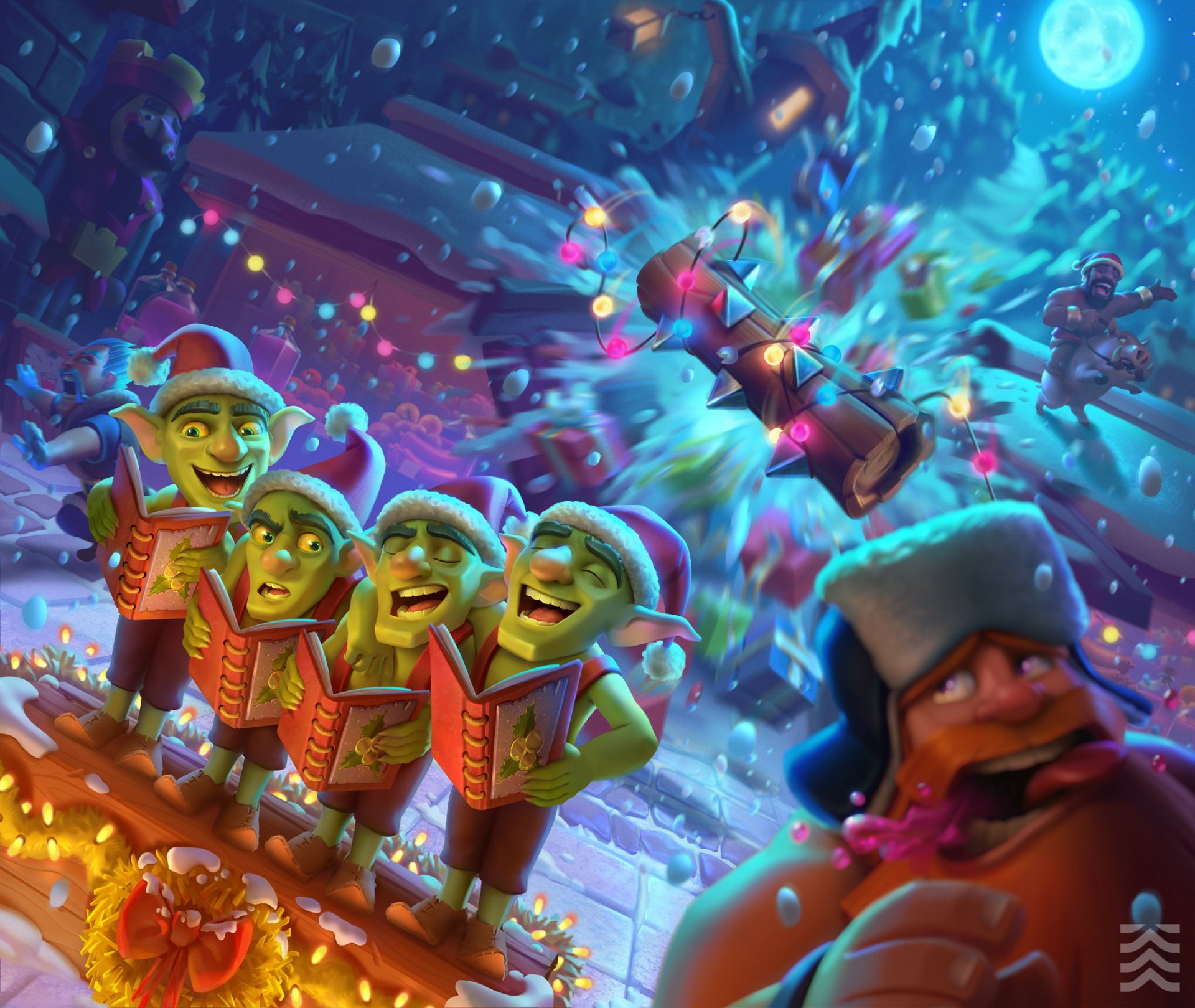 Clash Royale HD PC desktop wallpaper: festive goblin chorus in Santa hats launching a glowing barrel across a snowy, colorful battlefield.