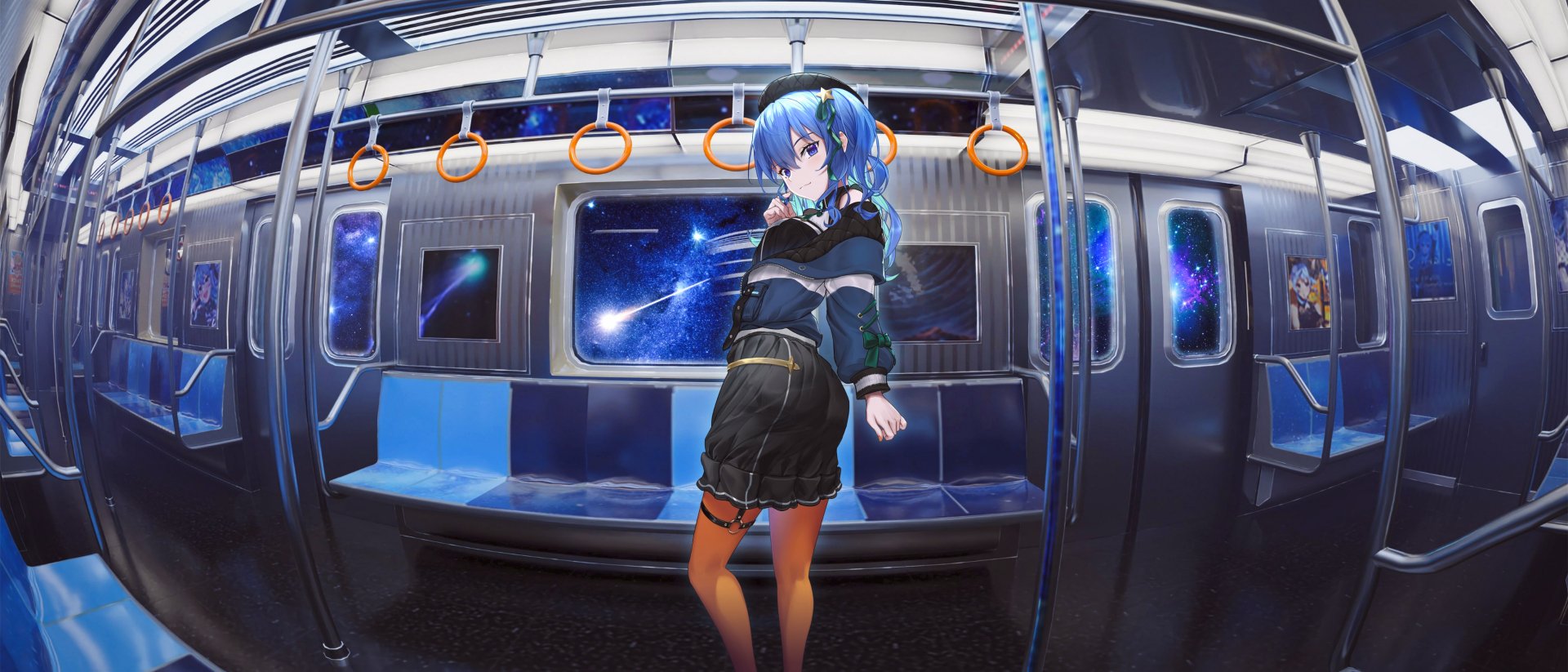 Anime-style Hoshimachi Suisei from hololive stands inside a futuristic train with glowing cityscape windows in this HD virtual YouTuber desktop wallpaper.