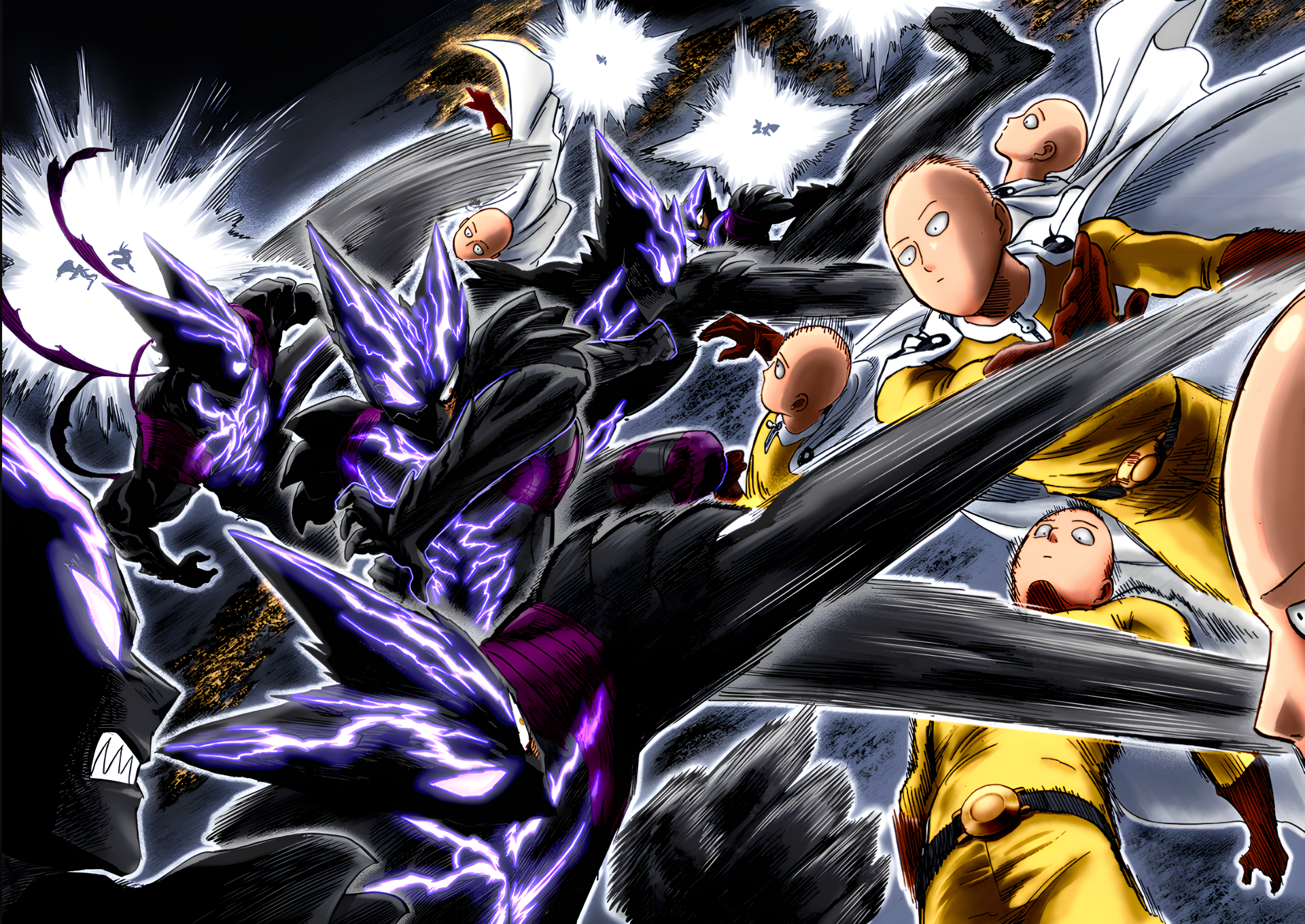 Dynamic 4K Ultra HD anime wallpaper featuring Saitama from One-Punch Man in action, surrounded by dark, menacing figures with intense energy effects.