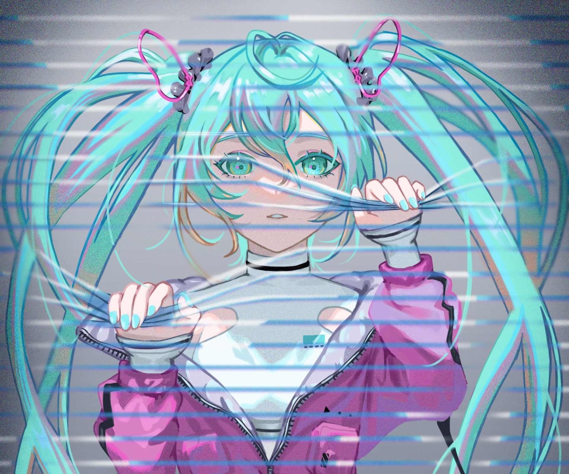 Hatsune Miku (Anime Vocaloid) HD PC desktop wallpaper: teal twin‑tails, neon glitch lines, she parts horizontal blinds, staring forward in a white top and pink jacket.