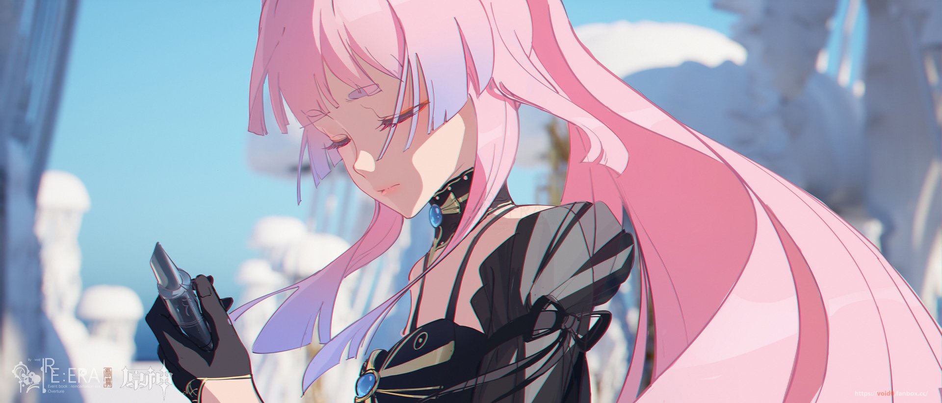 HD PC desktop wallpaper featuring Sangonomiya Kokomi from the video game Genshin Impact with her pink hair and delicate expression against a bright sky background.