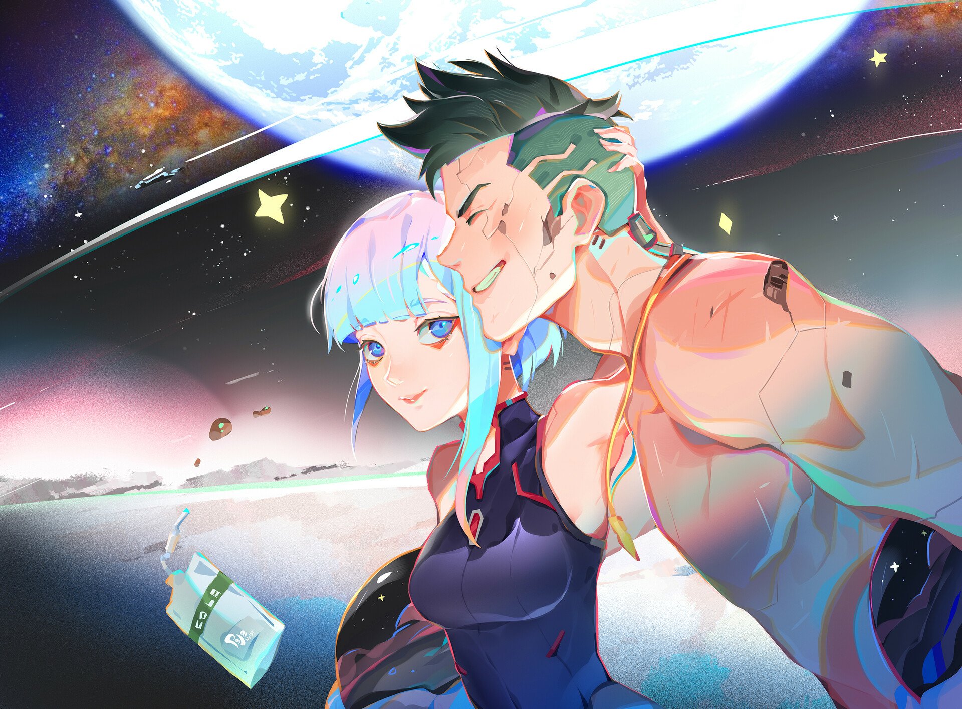 HD anime desktop wallpaper featuring David and Lucy from Cyberpunk: Edgerunners against a vibrant cosmic backdrop.