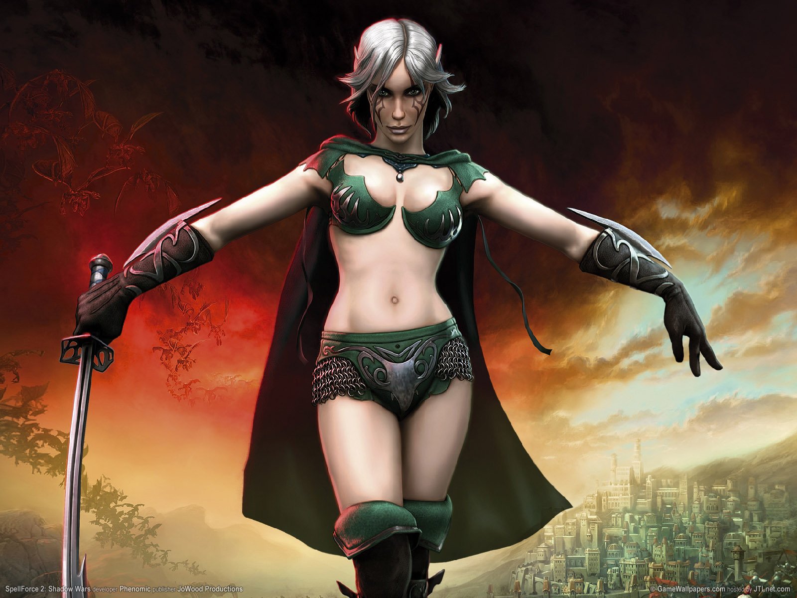 HD PC desktop wallpaper featuring a powerful female warrior character from the SpellForce video game, set against a dramatic fiery and cloudy background.