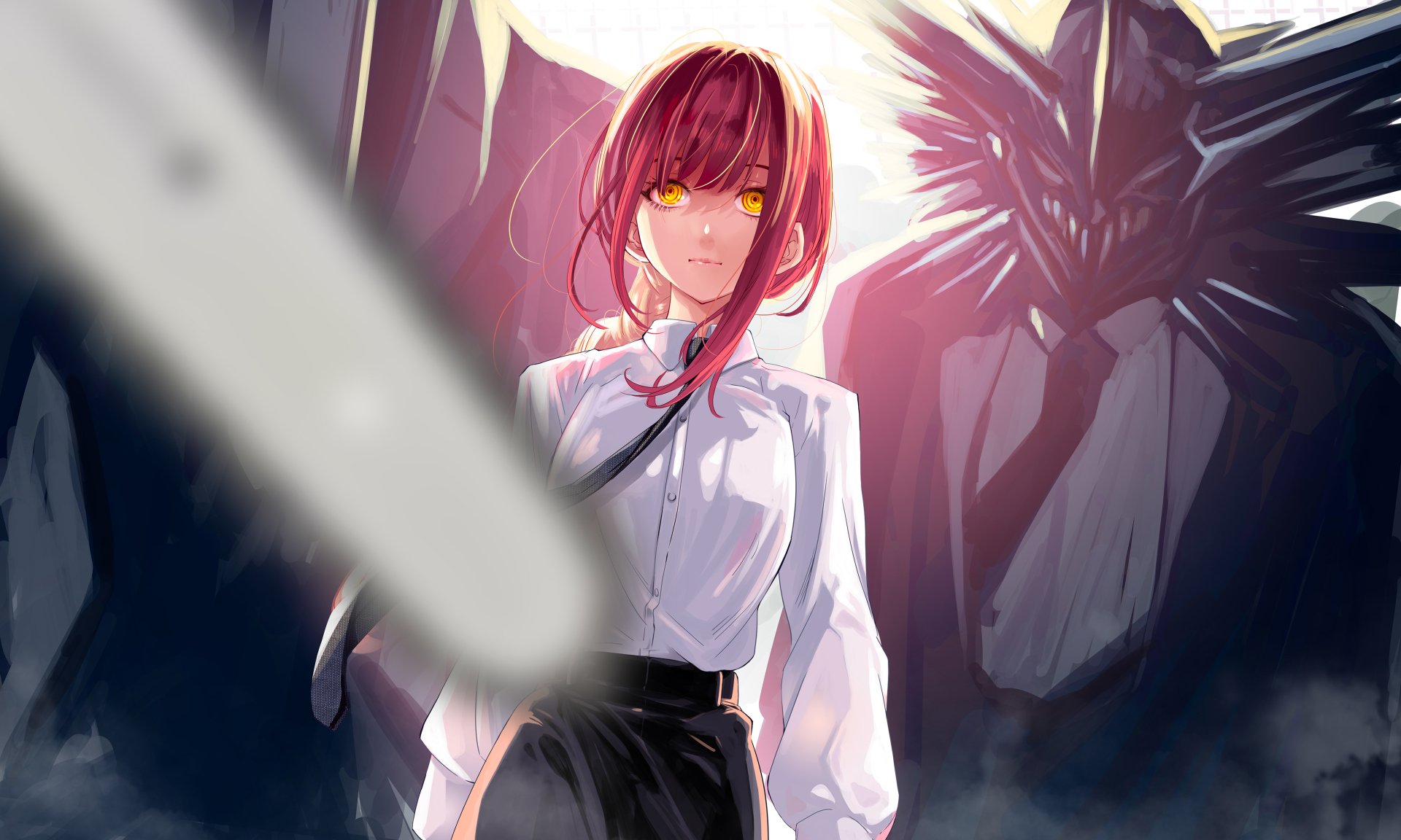 Makima from Chainsaw Man anime with glowing yellow eyes, white blouse and black skirt, shadowy devil behind and blurred chainsaw blade in foreground — 4K Ultra HD PC desktop wallpaper