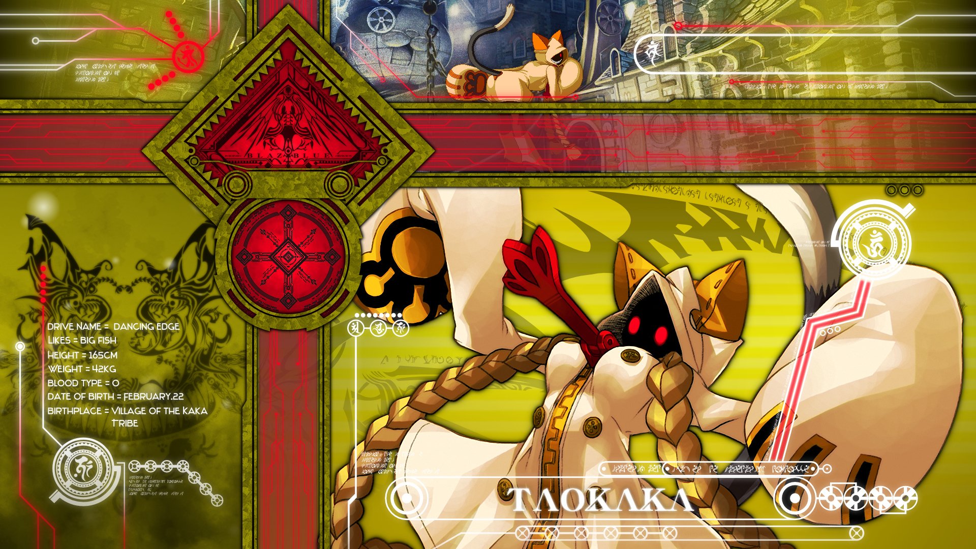 HD PC desktop wallpaper for the video game BlazBlue: Continuum Shift featuring Taokaka with a red scarf and cat-like mask against a green decorative cross motif and tech glyphs.