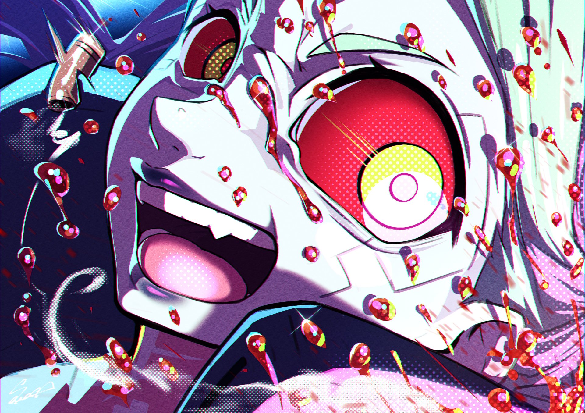 HD PC desktop wallpaper featuring Rebecca from Cyberpunk: Edgerunners in vibrant anime style with intense red eyes and dynamic expression.