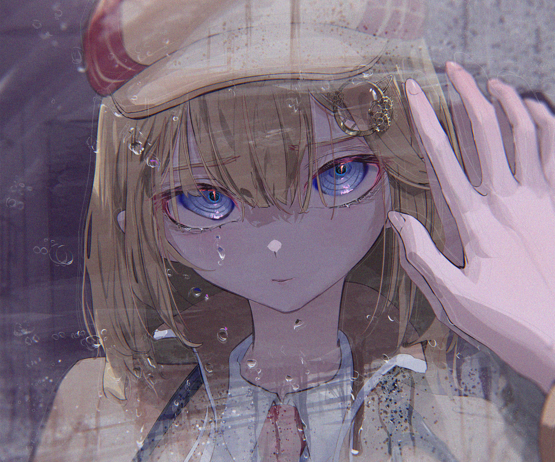 HD PC wallpaper of Watson Amelia (hololive Virtual YouTuber): close-up anime portrait of a blue-eyed blonde pressing her hand to rain-speckled glass, bathed in moody, muted lighting.
