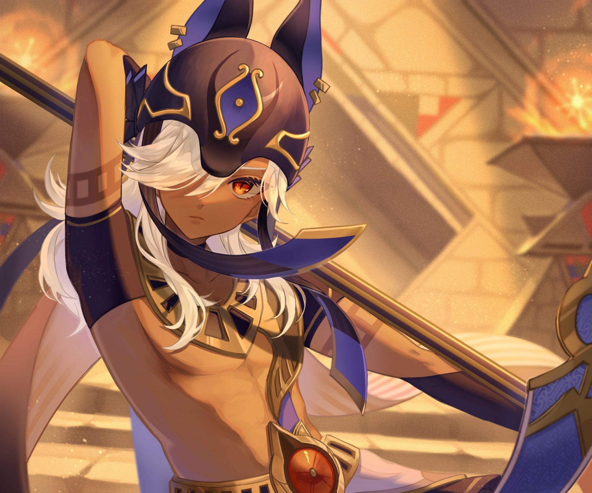 Cyno (Genshin Impact) video game artwork, HD PC desktop wallpaper/background: close-up heroic pose with golden staff, amber eyes and warm desert temple lighting.