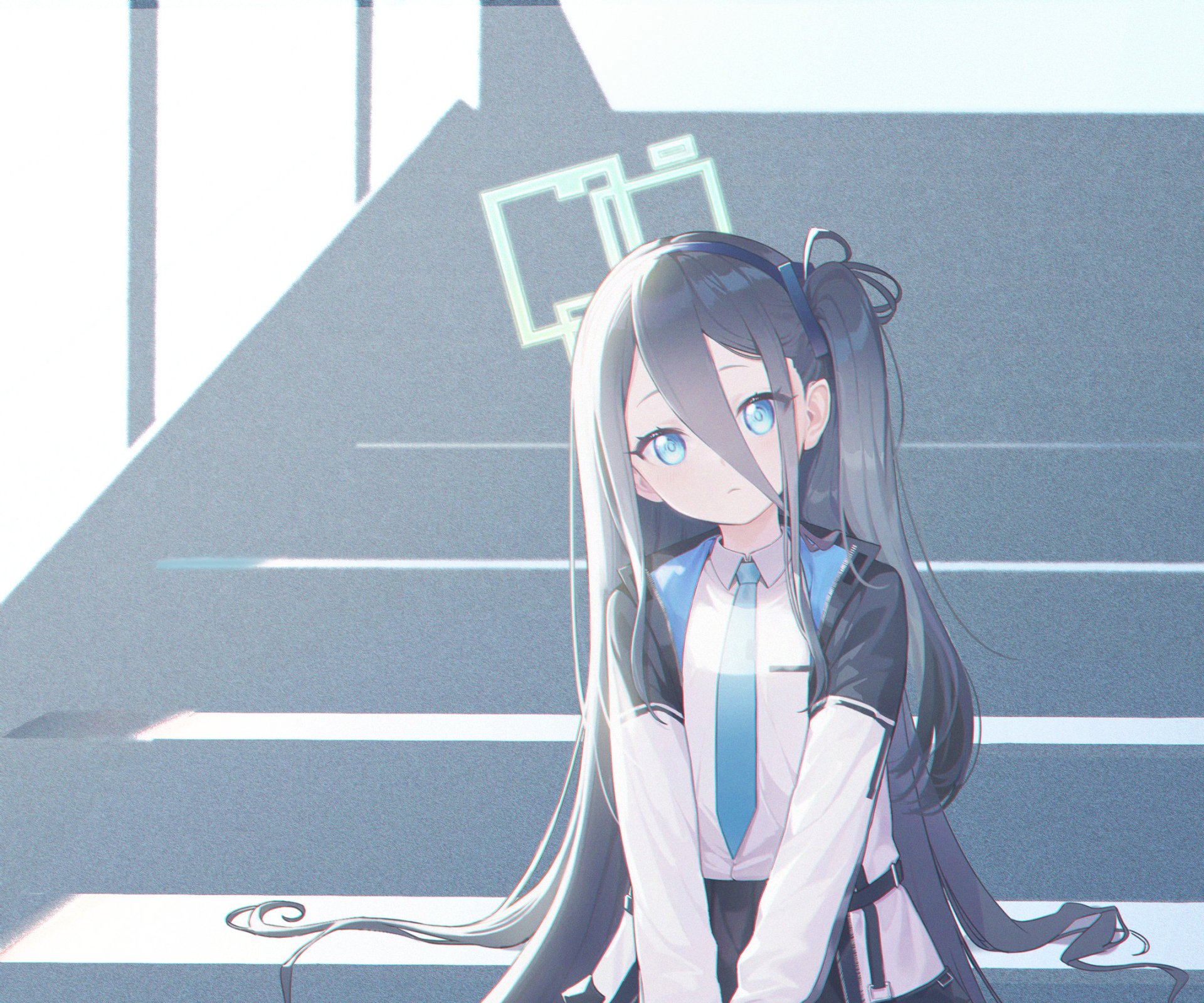 HD PC desktop wallpaper featuring Tendou Alice from the video game Blue Archive, depicted with long hair and a calm expression in a softly lit, minimalist setting.