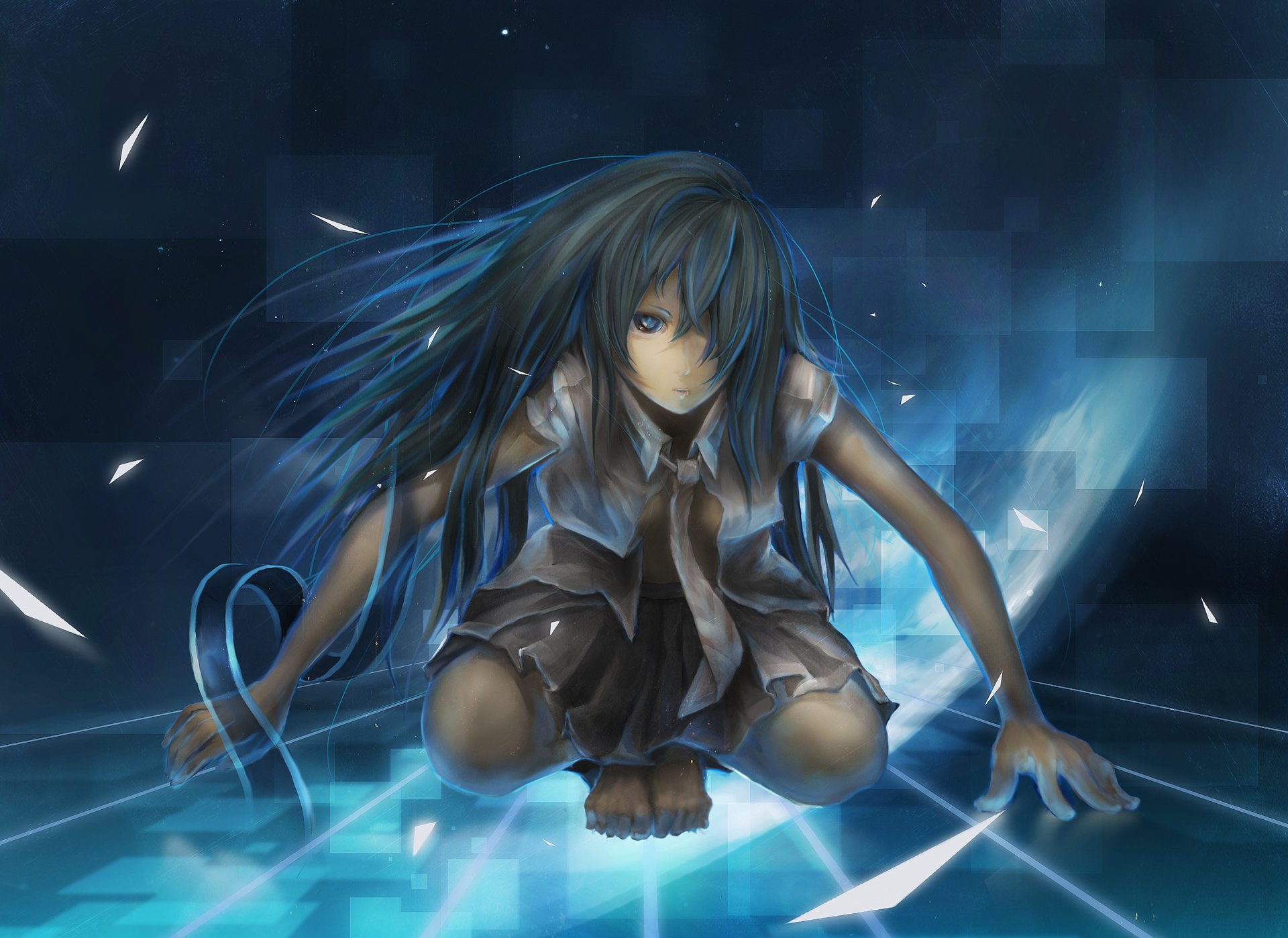 Zatsune Miku anime Vocaloid crouching on a glowing geometric grid, teal hair flowing, HD PC desktop wallpaper background.
