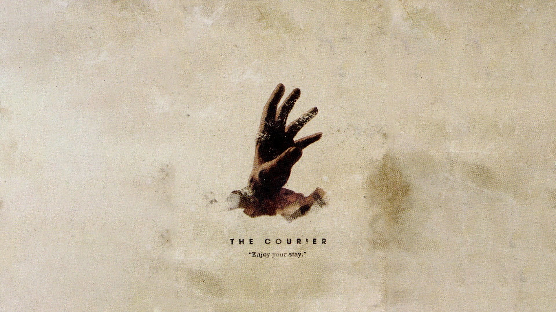 HD PC desktop wallpaper and background for the video game Fallout: New Vegas: a scorched hand reaching from sand beneath the text The Courier on a weathered pale backdrop.