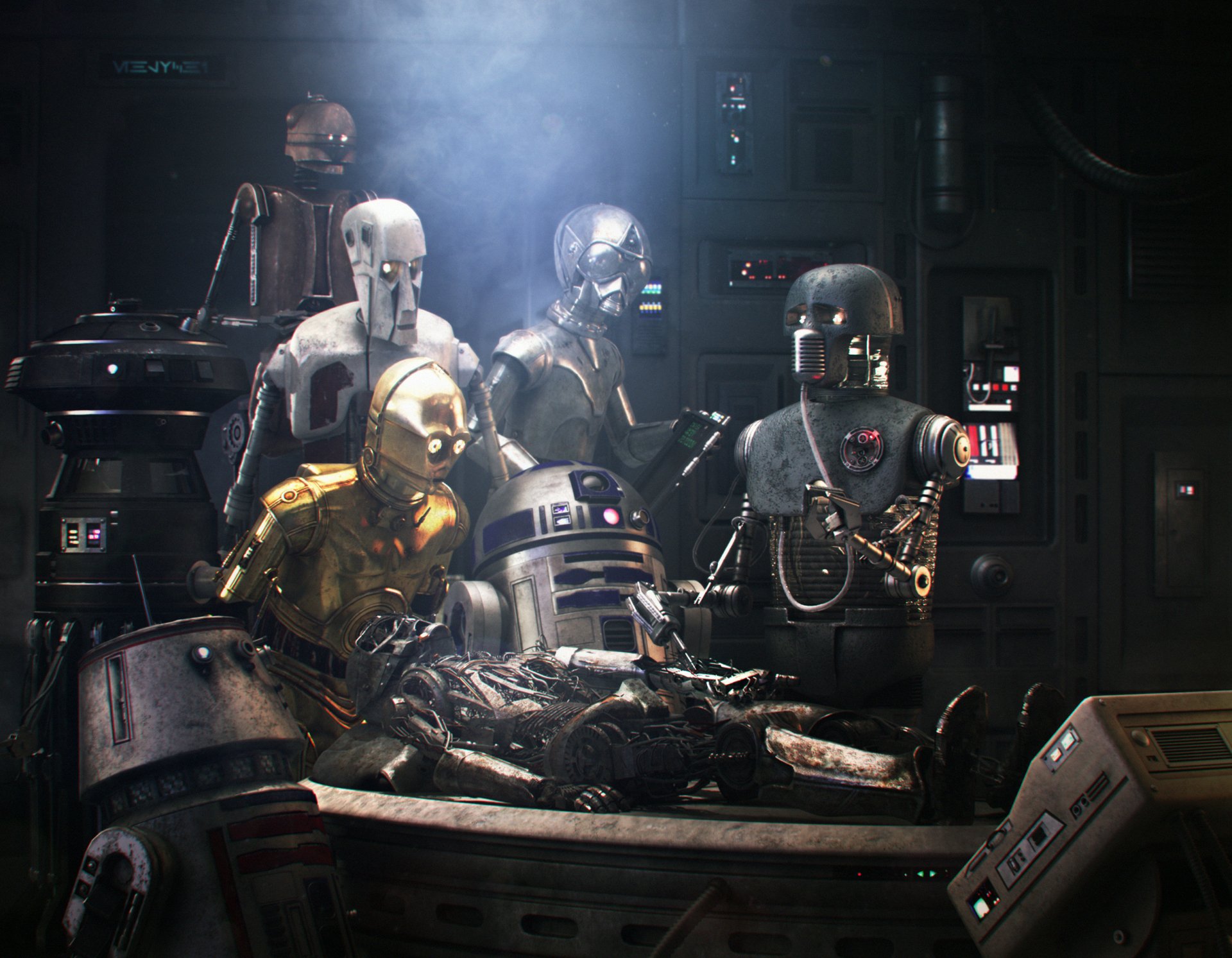 HD PC desktop wallpaper featuring a group of iconic Star Wars droids in a sci-fi setting with detailed lighting and futuristic technology.