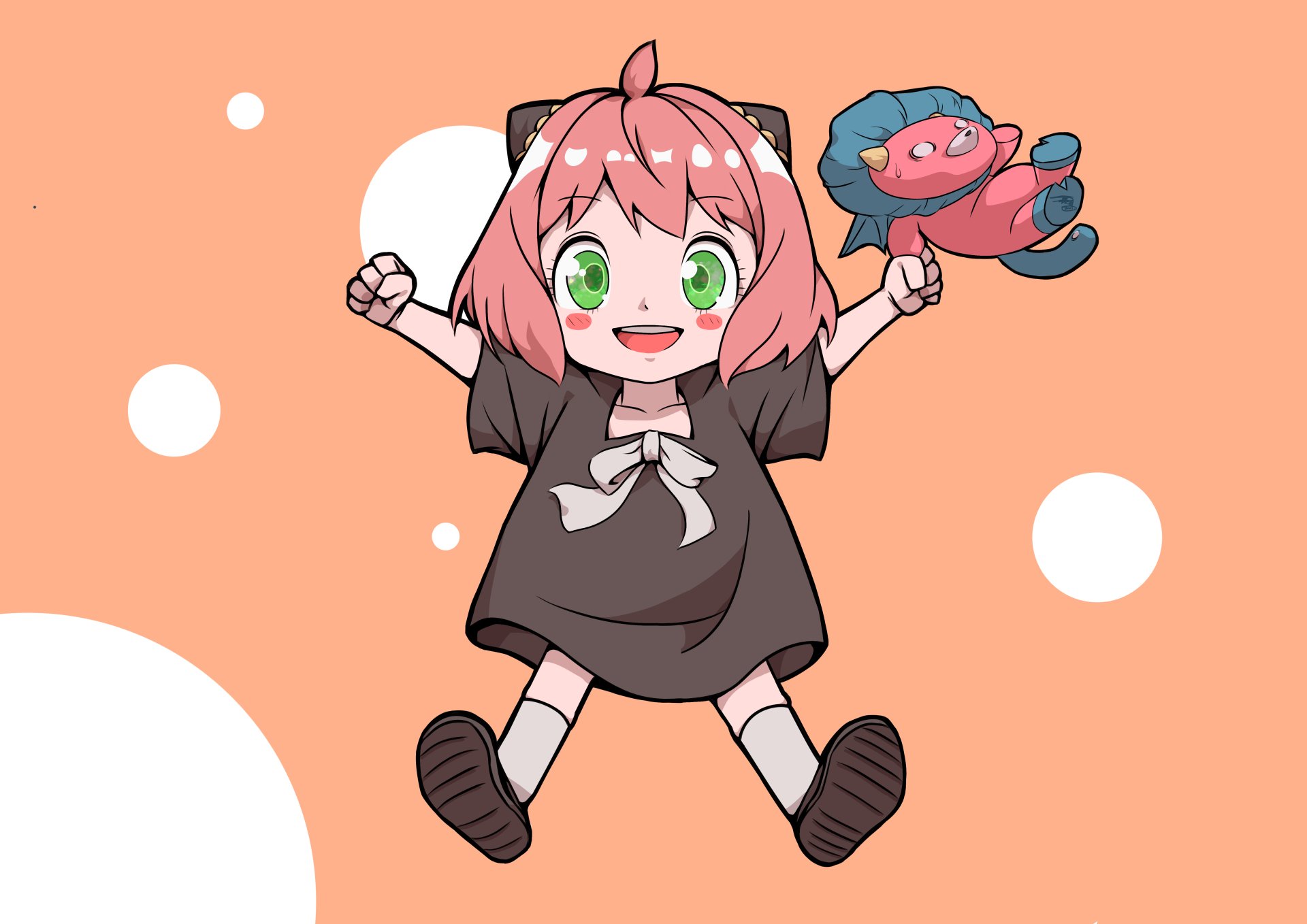 Anya Forger from the anime Spy x Family joyfully holding a stuffed toy, featured in a vibrant 4K Ultra HD PC desktop wallpaper and background.