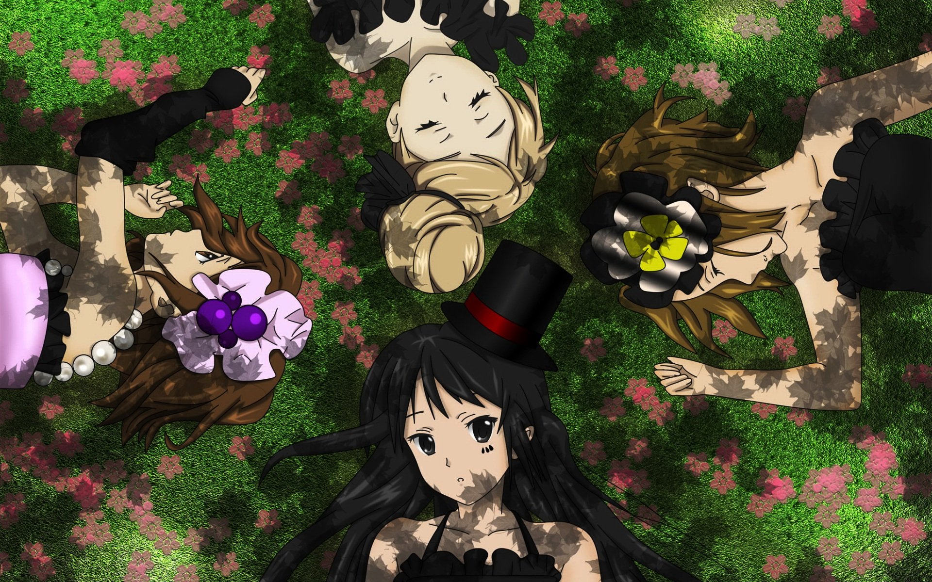 HD PC desktop wallpaper featuring anime characters from K-ON! lying on grass surrounded by flowers, showcasing detailed designs and vibrant colors.