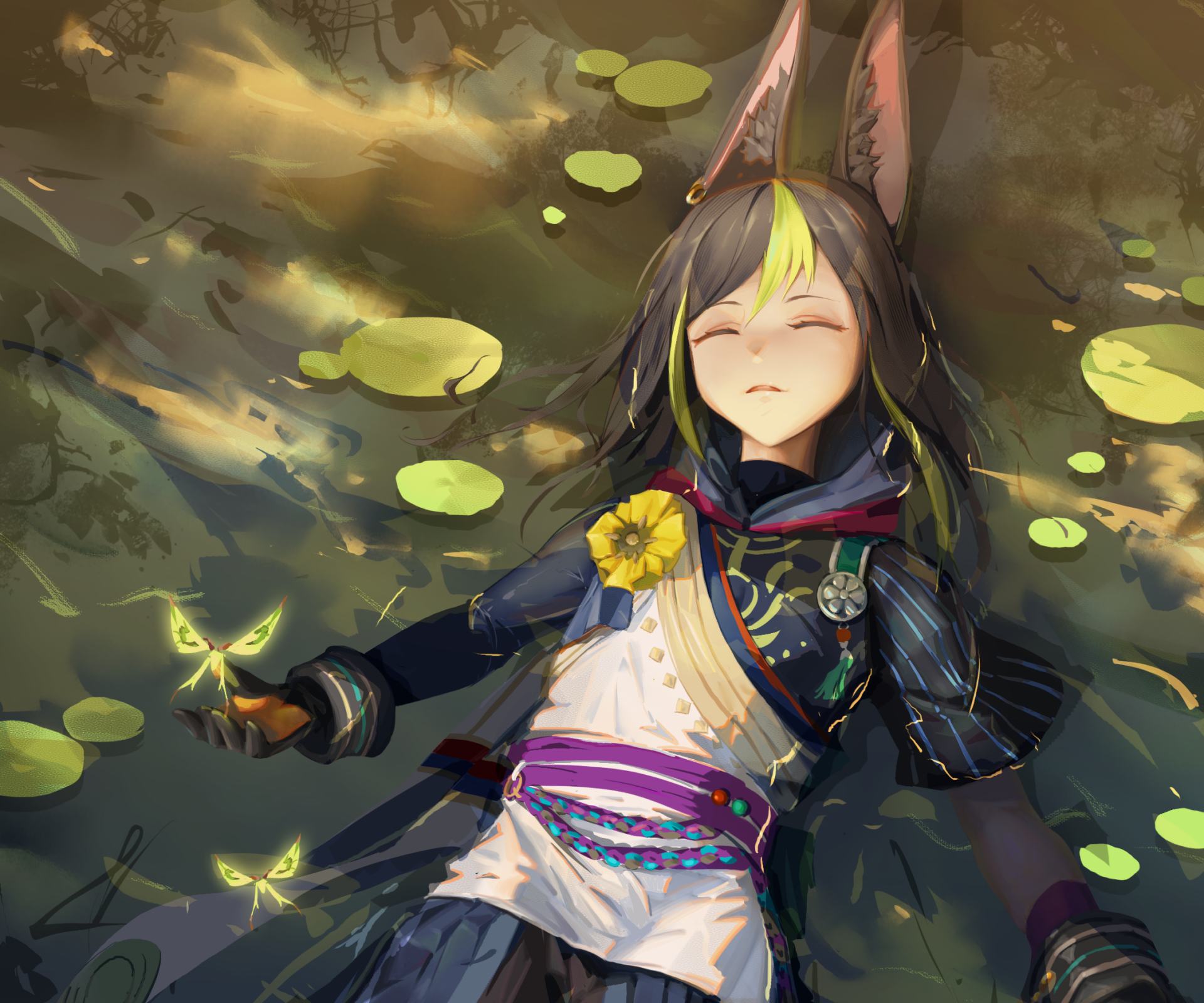 HD PC desktop wallpaper of Tighnari, character from the video game Genshin Impact, reclining among glowing butterflies and lily pads.