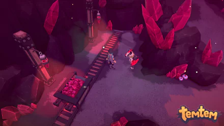 An HD desktop wallpaper featuring a vibrant cave scene from the video game Temtem, complete with striking red crystals and a character interacting with creatures.