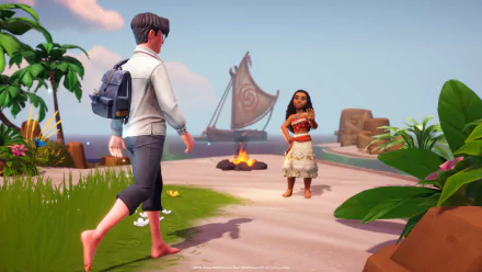 HD Disney Dreamlight Valley desktop wallpaper featuring the character Moana Waialiki on a tropical beach setting with a character approaching and a boat in the background.