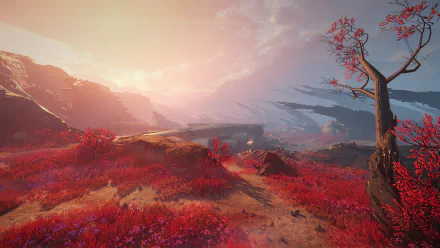 A striking HD desktop wallpaper from the video game Shatterline, featuring a vibrant landscape with red foliage and dramatic mountains under a soft sunset sky.