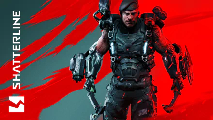 HD Shatterline game wallpaper featuring a futuristic soldier with advanced gear against a dynamic red backdrop.